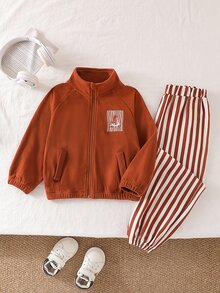 SHEIN 女童 2 件套，秋冬長袖拉鍊立領夾克 + 條紋慢跑褲，可愛卡通臘腸狗印花上衣，舒適休閒兒童服飾，適合學校、日常戶外穿著 - 棕色 - 查看 4