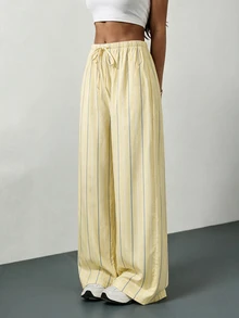 SHEIN Tall Women's Drawstring Striped Long Pants Suitable For Dating, Vacation, Party, Daily Wear, Gathering, Outdoor Activities - Yellow - View 6