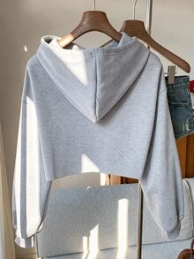 Comfortcana Letter Graphic Drop Shoulder Crop Drawstring Hoodie,Long Sleeve Tops In Fall/Winter - Light Grey - View 2