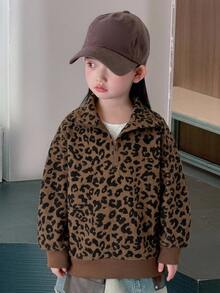 Dazy Kids 少女休閒寬鬆豹紋印花運動衫 - 卡其色 - 查看 4