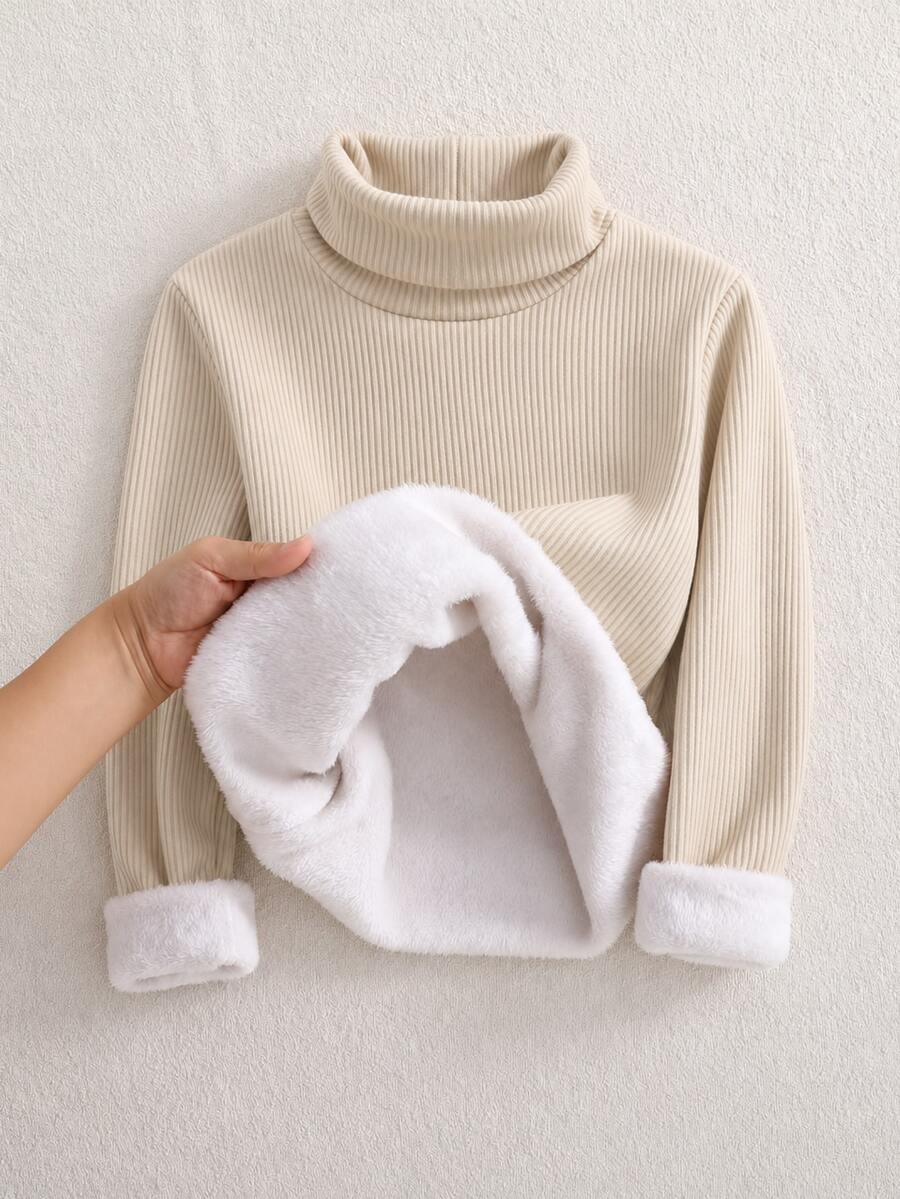 SHEIN Tween Girls Fall Tops Autumn/Winter Thick Warm Casual All-Match Versatile Daily Wear Layering High Neck Ribbed Fleece Fabric Solid C... - Apricot - View 1