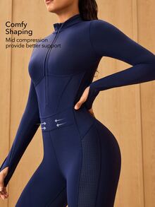 OutZeal Bộ jumpsuit nữ mặc ngoài trời tập gym thể thao, nhanh khô, có áo ngực bên trong, khóa kéo nửa trước, dáng ôm sát, một mảnh - Màu xanh hải quân - Xem 2