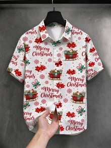 Manfinity Homme Men's Plus Size Christmas Snowflake & Bow Print Single-Breasted Short Sleeve Shirt - Multicolor - View 2