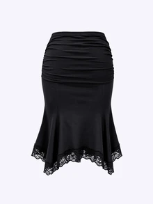 Sweetra Women's Plus Size Mermaid Tail Lace Patchwork Skirt, Suitable For Night Out, Holiday, Home, Daily, Birthday Party, Date - Black - View 2