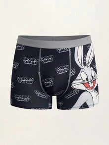 LOONEY TUNES X SHEIN سروال داخلي رجالي بنمط رسوم كرتونية وحروف، مريح وعصري وكاجوال - الأسود - مشاهدة 1