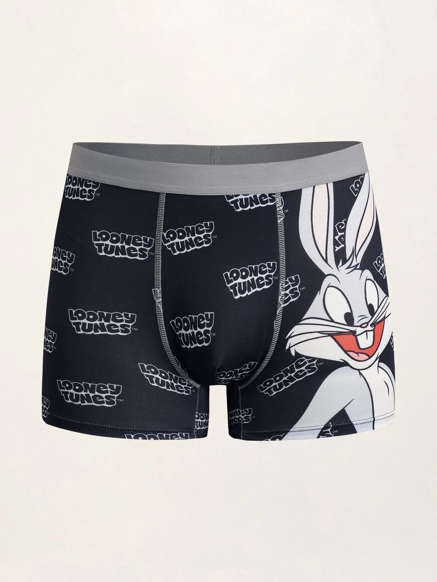 LOONEY TUNES X SHEIN سروال داخلي رجالي بنمط رسوم كرتونية وحروف، مريح وعصري وكاجوال - الأسود - مشاهدة 1
