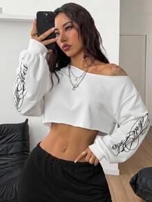 Coolane 女款秋冬外出休閒 Y2K 街頭風運動風不對稱領口黑色圖案短版長袖 T 恤，休閒上衣 - 白色 - 查看 3