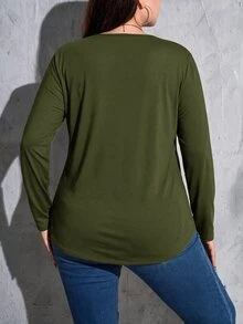 SHEIN Essnce 大尺碼女款春夏/秋冬時尚休閒彈性舒適日常基本百搭修身長袖黑色T恤 - 軍綠色 - 查看 3