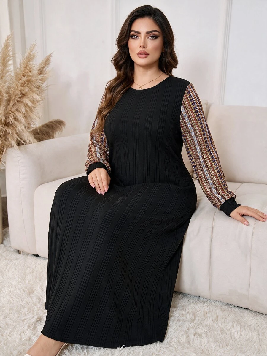 Seusyu Plus Size Women's Black Knit Textured Striped Long Sleeve Digital Print A-Line Elegant Romantic Dress - Multicolor - View 1