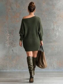 Linhara CURVE Plus Size Women Solid Color Asymmetrical Shoulder Casual Everyday Knit Dress Winter - Green - View 2