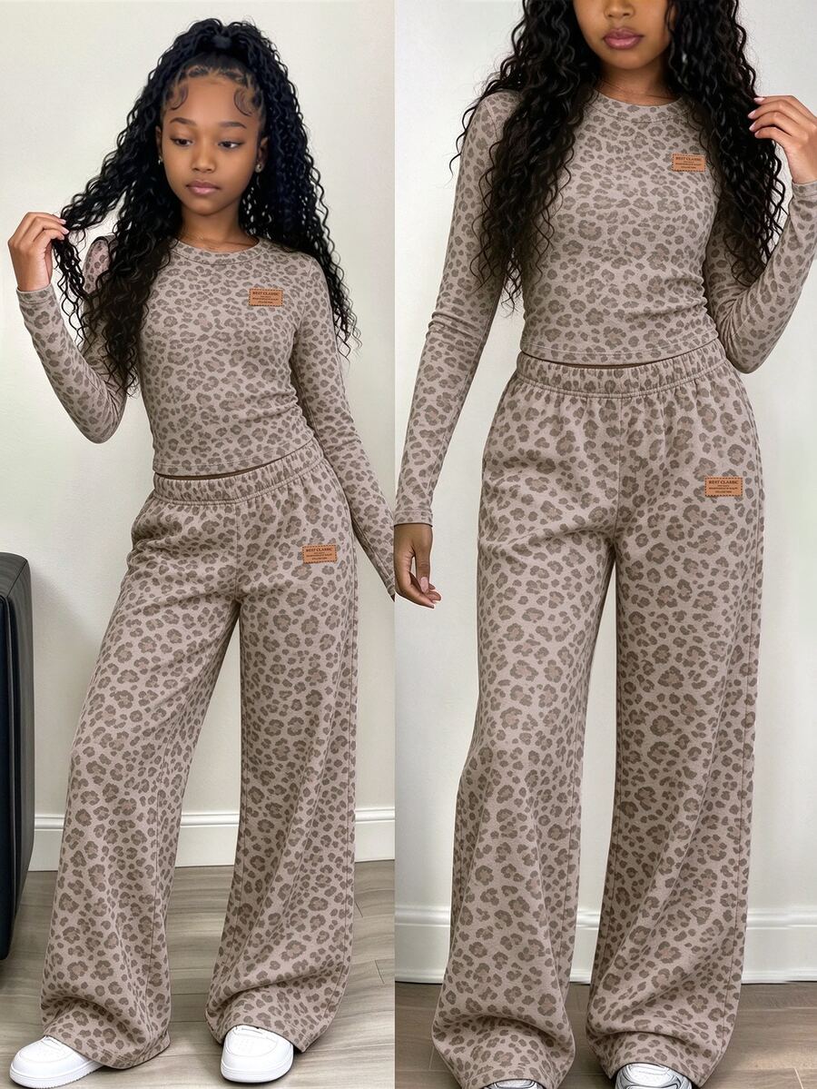Tween Girls 2 Pcs Light Khaki Leopard Print Ruched Waist Long Sleeve T-Shirt & Wide Leg Pants Set, Winter Outfits - Multicolor - View 1