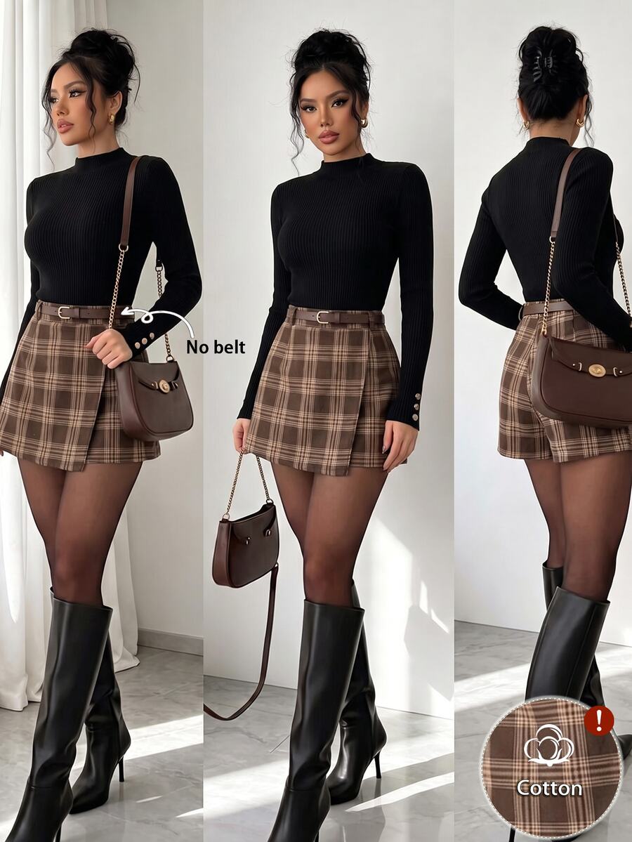 SHEIN PETITE Women's Solid Color Long Sleeve Top And Plaid Mini Skirt Set - Black - View 1