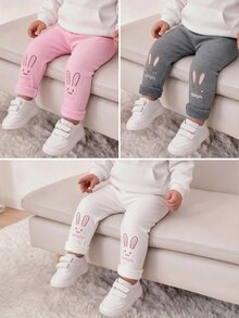 SHEIN 女嬰可愛休閒針織百搭純色刺繡卡通圖案鬆緊腰長款冬季長褲 3件套 - 白色 - 查看 5