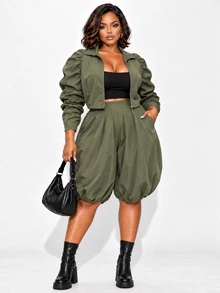 Poshavie Poshavie Women Plus Size Zip Up Ruched Long Sleeve Crop Jacket & Bubble Hem Shorts Set, Casual Fashion TwoPiece Outfit - Green - View 5
