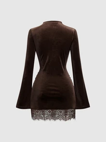Sweetra Women's Spicy Style Semi-High Neck Flare Sleeve Ruched Bodycon Lace Trim Dress - Coffee - View 3