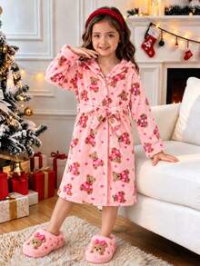 Girls Cute Bear & Heart Print Hooded Fleece Bath Robe, Long Sleeve Belted Warm Fluffy Sleepwear Robe For Tween Girl - Dusty Pink - View 5