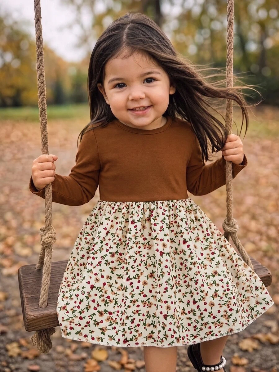 SHEIN Baby Girl Knit Solid Color Round Neck Patchwork Cute Floral Hem Casual Dress, Suitable For Autumn/Winter,New Fall Styles - Multicolor - View 1
