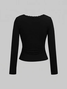 ROMWE J-Fashion 可愛鹿圖案刺繡蕾絲上衣搭配鹿圖案喇叭褲，秋冬款 - 黑色 - 查看 5
