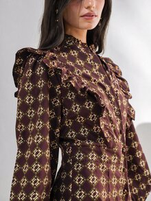 Nöista Geometric Print Ruffle Trim Jumpsuit - Brown - View 4