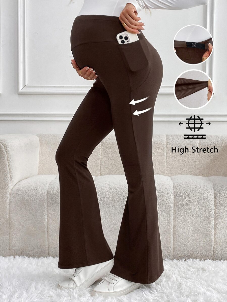 SHEIN 孕婦純色高腰修身喇叭腿緊身褲 - 咖啡棕 - 查看 1
