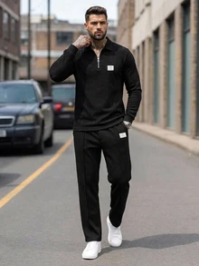 DAZY Men's Half-Zip Pullover Sweatshirt And Pants Set, Spring/Autumn - Black - View 3