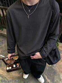 Manfinity Dauomo 男士葉脈印花圓領長袖休閒街頭風T恤 生日海灘灰色迷彩款 秋季 - 黑色 - 查看 1