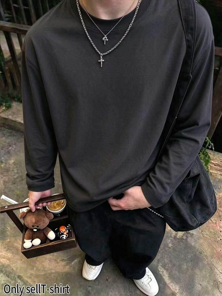 Manfinity Dauomo 男士葉脈印花圓領長袖休閒街頭風T恤 生日海灘灰色迷彩款 秋季 - 黑色 - 查看 1