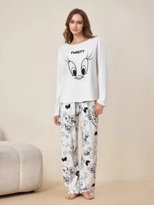 LOONEY TUNES X SHEIN Looney Tunes TWEETY Black & White Line Cartoon Character Print Long Sleeve & Long Pants Pajama Set - White - View 3