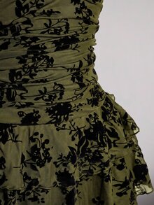 SHEIN ICON 女款大尺碼復古性感休閒千禧風Y2K優雅哥德約會深V領掛脖黑色網紗植絨蛋糕裙冬季 - 軍綠色 - 查看 8