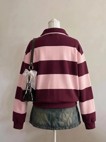Aloruh 女款初秋休閒街頭運動風百搭酒紅條紋運動衫，適合外出、日常穿搭、賽事日，學院風 - 彩色 - 查看 5