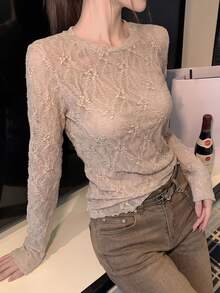 DAZY Girl's Autumn Round Neck Lace Top, Fitted Slimming Elegant Versatile Long Sleeve Top - Khaki - View 6