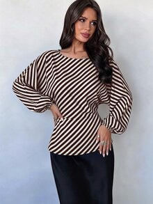 Firerie 女款新款極簡優雅浪漫休閒都市通勤時尚百搭咖啡棕條紋圓領蝙蝠袖長袖收腰繫帶X型修身襯衫，教師穿搭，秋季穿著 - 棕色 - 查看 8