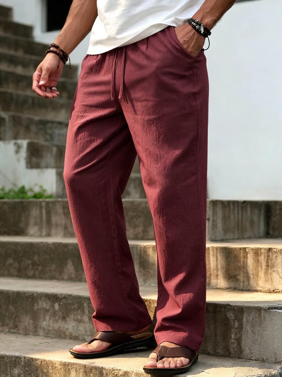 VENTUSAIL Plus Size Men's Solid Color Cotton Drawstring Waist Casual Versatile Daily Wear Pants Vacation, Holiday - Burgundy - View 1