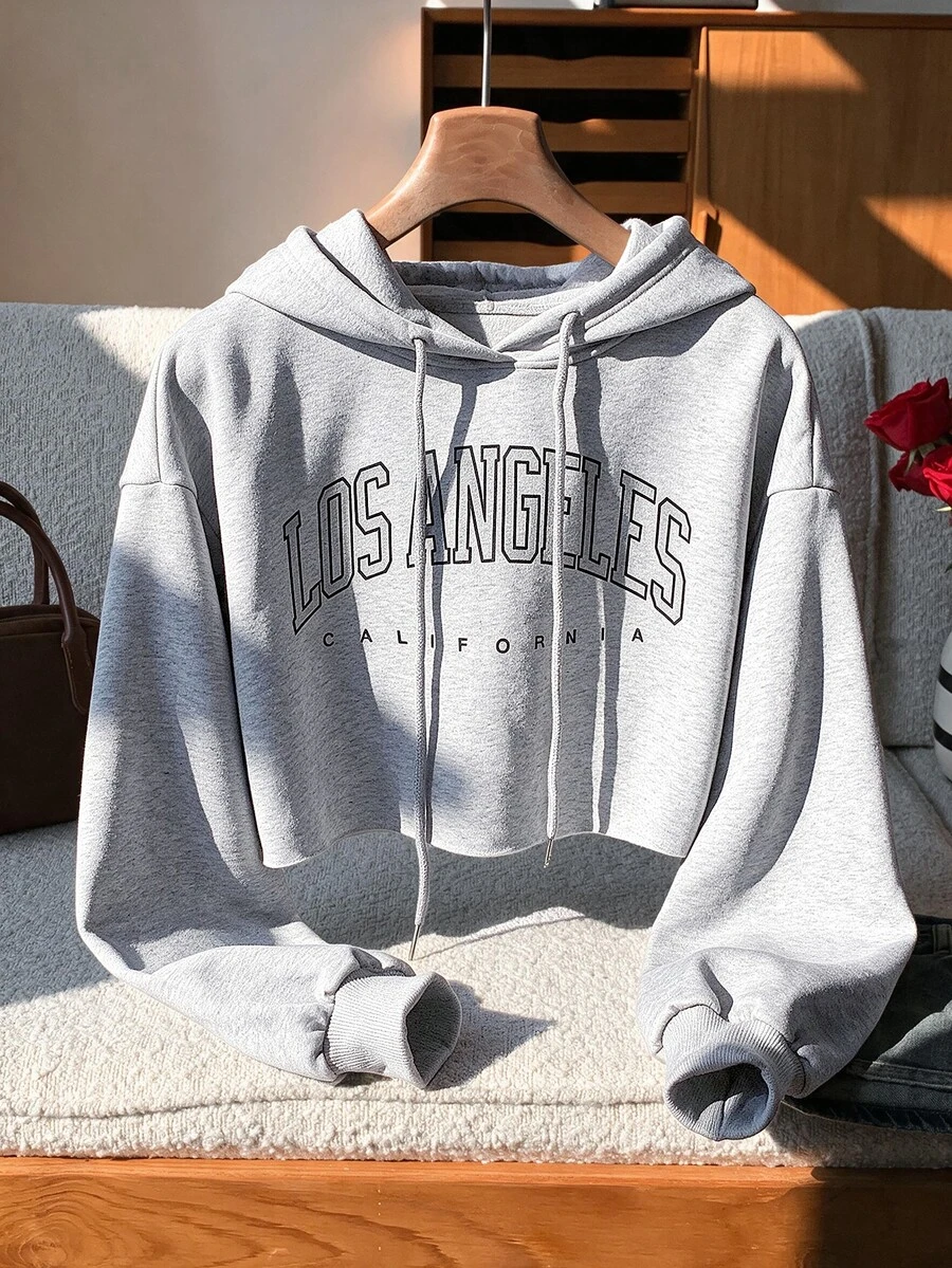 Comfortcana Letter Graphic Drop Shoulder Crop Drawstring Hoodie,Long Sleeve Tops In Fall/Winter - Light Grey - View 1