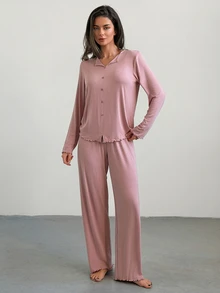 DAZY Women's Solid Color Single-Breasted Long Sleeve Top And Pants Pajama Set - Pink - View 1