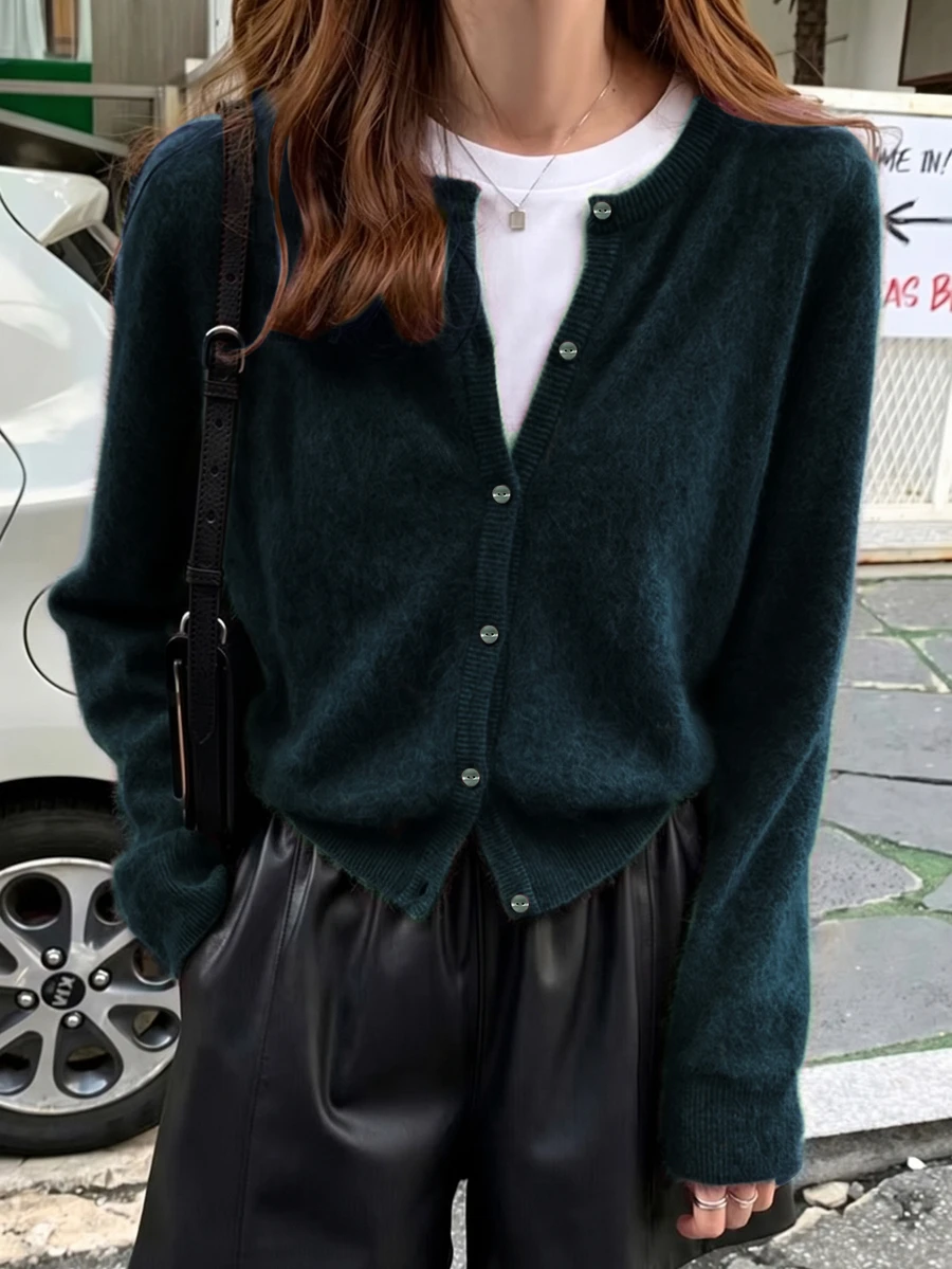 INAWLY 春秋款純色鈕扣開襟針織外套,長袖女款秋冬上衣 - 墨綠色 - 查看 1