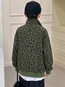 Dazy Kids Tween Boys Casual Loose Leopard Print Polo Collar Sweatshirt, Autumn - Green - View 2