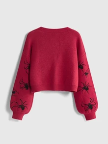 ROMWE Dark Gothic Cherry Skull Embroidery Contrast Color Short Loose Knit Cardigan - Red - View 2