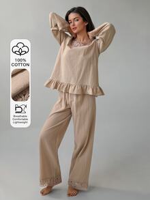 Livesso Women's Solid Color Square Neck Lace Patchwork Fashion Minimalist Pajama Set - Khaki - View 5