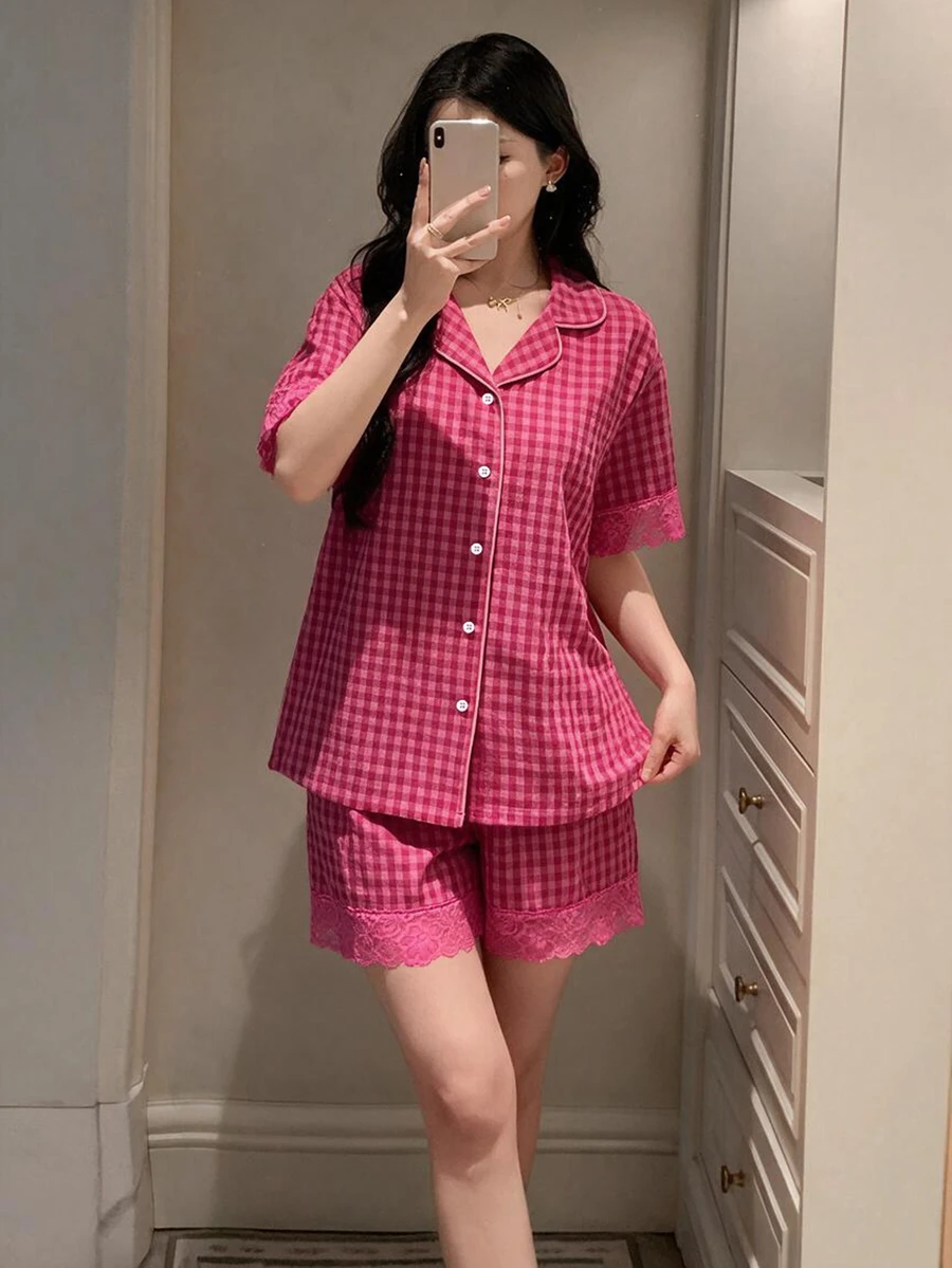 DAZY 2pcs/Set Women's Lace Patchwork Plaid Cardigan Short Sleeve Top & Short Pajama Pants Sleepwear Set - Pink - View 1