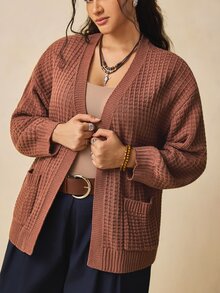 Nubod Plus Size Brown Pocket Design Long Sleeve Cardigan Sweater Vintage Comfortable Casual - Brown - View 4