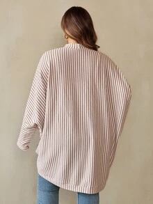 SHEIN CURVE+ Plus Size Women Casual Loose Striped Knit Cardigan Jacket - Apricot - View 2