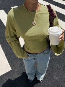 Muchica 女款橄欖綠休閒街頭風純色舒適蝙蝠袖圓領長袖秋季T恤，適合日常約會旅行 - 綠色 - 查看 5