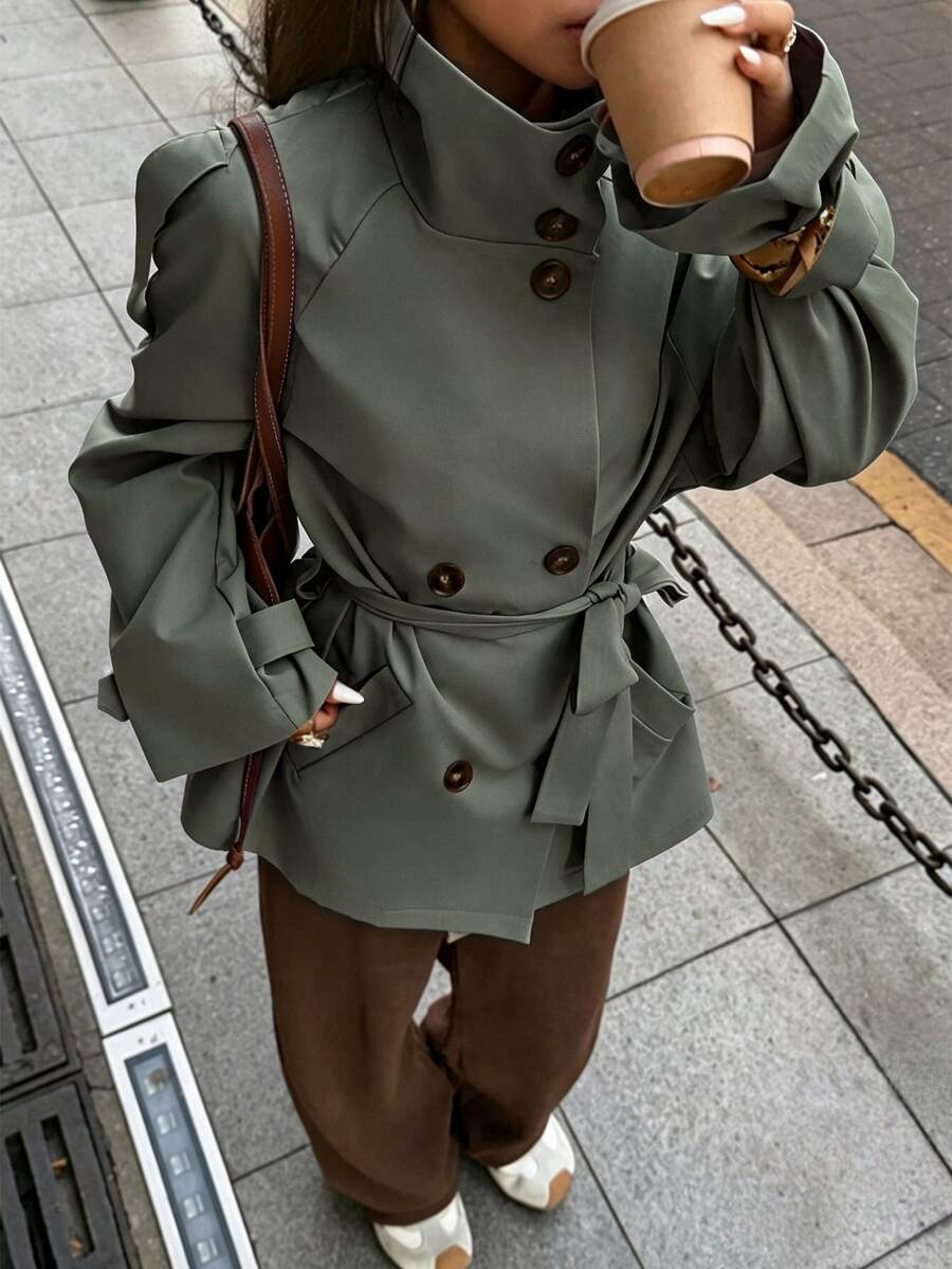 valorelle valorelle 休閒純色寬鬆繫腰長袖女款風衣 - 軍綠色 - 查看 1