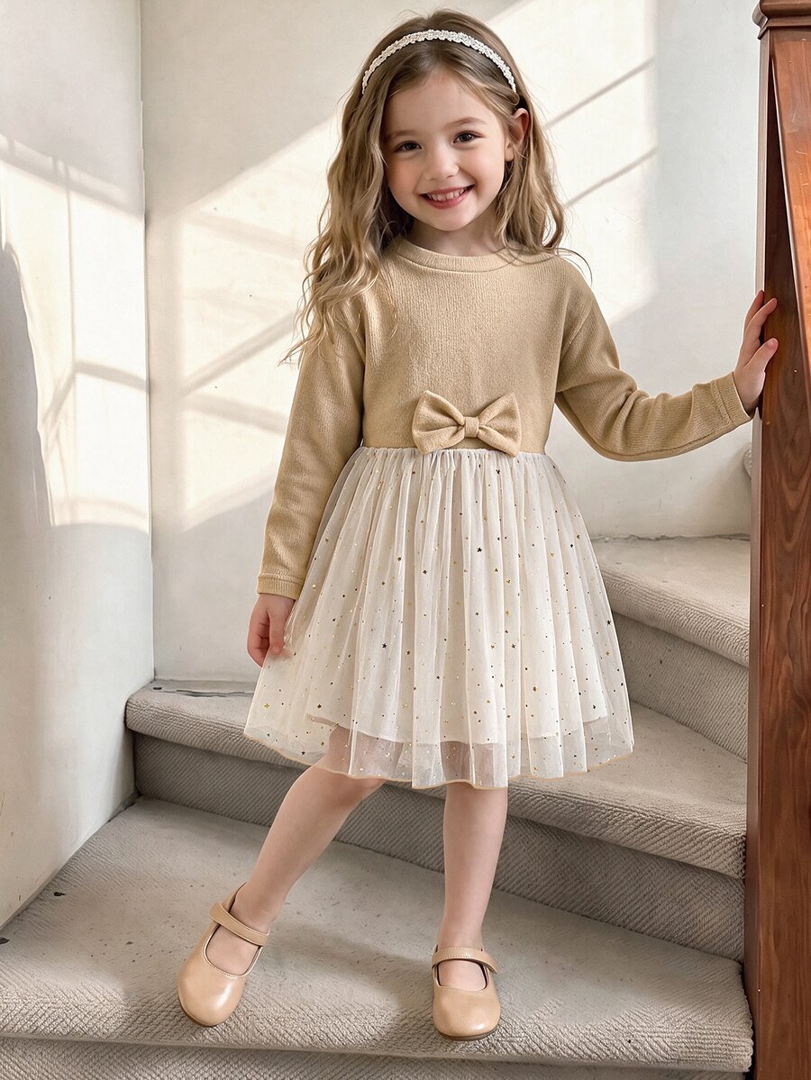 Young Girls Apricot Knit Petal Sleeve Dress Elegant Bow Star Mesh Dress ...