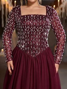 Glamrae Plus Size Elegant Romantic Square Neck Long Sleeve Sheer Luxury Sequin Contrast Mesh A-Line Evening Gown For Wedding Party Celebration Formal Event Dinner - Burgundy - View 5