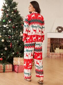 Doze Lane Christmas Red & White Reindeer Print Plus Size Women Long Sleeve Long Pants Ruffle Collar Casual Pajama Set - Red and White - View 2