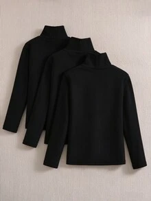 SHEIN 青少年女孩秋季上衣 秋冬加厚保暖休閒百搭日常穿搭層次感高領羅紋抓絨布料純色... - 黑色 - 查看 2