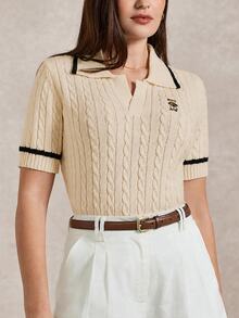 Briarwyn 秋季女款休閒可愛對比飾邊熊刺繡短袖 Polo 領粗針編織上衣，黑白配色，校園返校季老錢風 - 杏色 - 查看 3
