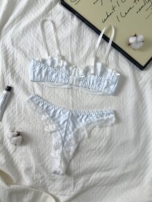 Napfluff Women's Lace Patchwork Bow Decor Spaghetti Strap Bra And Thong Lingerie Set - Blue and White - View 2
